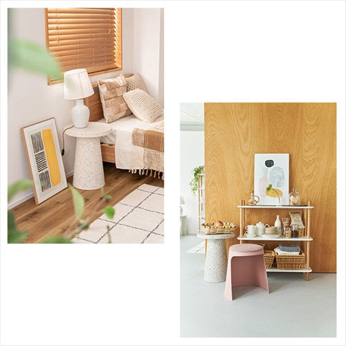 サイドテーブルテーブルミニテーブルナイトテーブルディスプレイオブジェテラゾー柄石目調石模様大理石柄モノトーンマーブル円型丸省スペースコンパクトベッドサイドソファサイド玄関リビング寝室繊維板おしゃれシンプルシックモダン