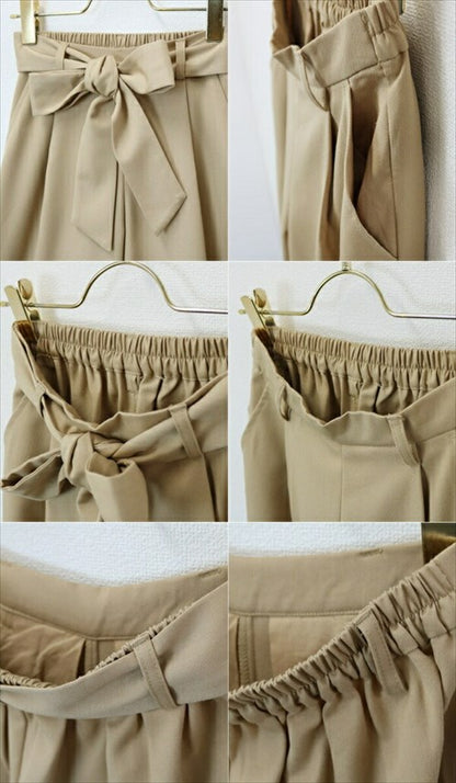 ワイドパンツ/ガウチョ/ガウチョパンツ/きれいめ/スカーチョ/スカンツ/りぼん/リボン/ベルト付き/リラックスパンツ/S/M/Lサイズ/春夏/ロング/ゆったり/Ladies/ネイビー/ブラック/カーキ/ベージュ/マスタード/