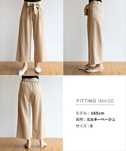 ワイドパンツ/ガウチョ/ガウチョパンツ/きれいめ/スカーチョ/スカンツ/りぼん/リボン/ベルト付き/リラックスパンツ/S/M/Lサイズ/春夏/ロング/ゆったり/Ladies/ネイビー/ブラック/カーキ/ベージュ/マスタード/