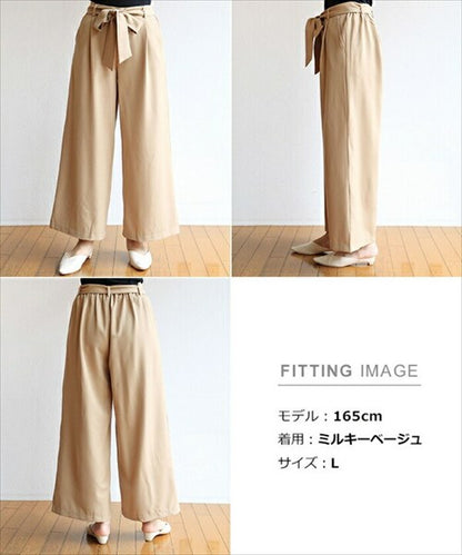 ワイドパンツ/ガウチョ/ガウチョパンツ/きれいめ/スカーチョ/スカンツ/りぼん/リボン/ベルト付き/リラックスパンツ/S/M/Lサイズ/春夏/ロング/ゆったり/Ladies/ネイビー/ブラック/カーキ/ベージュ/マスタード/