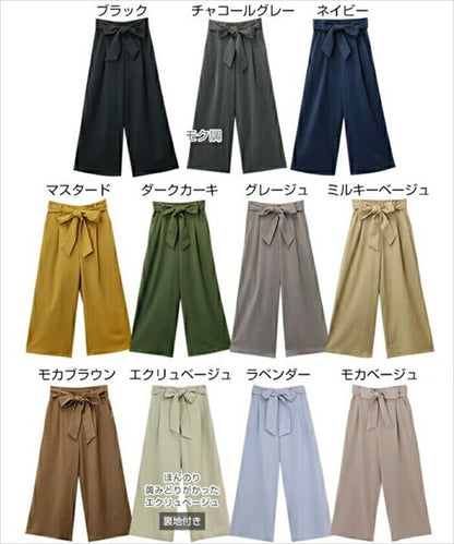 ワイドパンツ/ガウチョ/ガウチョパンツ/きれいめ/スカーチョ/スカンツ/りぼん/リボン/ベルト付き/リラックスパンツ/S/M/Lサイズ/春夏/ロング/ゆったり/Ladies/ネイビー/ブラック/カーキ/ベージュ/マスタード/
