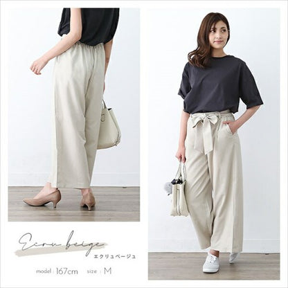 ワイドパンツ/ガウチョ/ガウチョパンツ/きれいめ/スカーチョ/スカンツ/りぼん/リボン/ベルト付き/リラックスパンツ/S/M/Lサイズ/春夏/ロング/ゆったり/Ladies/ネイビー/ブラック/カーキ/ベージュ/マスタード/