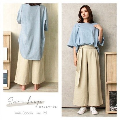 ワイドパンツ/ガウチョ/ガウチョパンツ/きれいめ/スカーチョ/スカンツ/りぼん/リボン/ベルト付き/リラックスパンツ/S/M/Lサイズ/春夏/ロング/ゆったり/Ladies/ネイビー/ブラック/カーキ/ベージュ/マスタード/