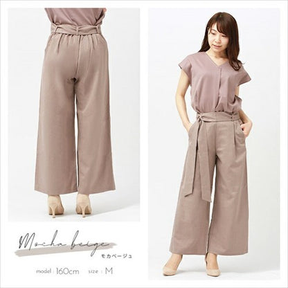 ワイドパンツ/ガウチョ/ガウチョパンツ/きれいめ/スカーチョ/スカンツ/りぼん/リボン/ベルト付き/リラックスパンツ/S/M/Lサイズ/春夏/ロング/ゆったり/Ladies/ネイビー/ブラック/カーキ/ベージュ/マスタード/
