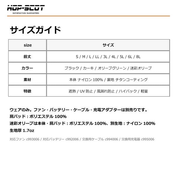 HOP-SCOT MAX.24V フリーアジャストファン 専用ケーブル付き ファンユニット 作業服 ファン付きウェア 空調ウェア 交換用 予備用 春夏 CUC
