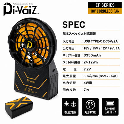 Di-VáiZ 18Vブラシレスファン ケーブルレス ファンバッテリー一体型 1個入り EFウェア ファン付き作業服 空調作業服 CUC