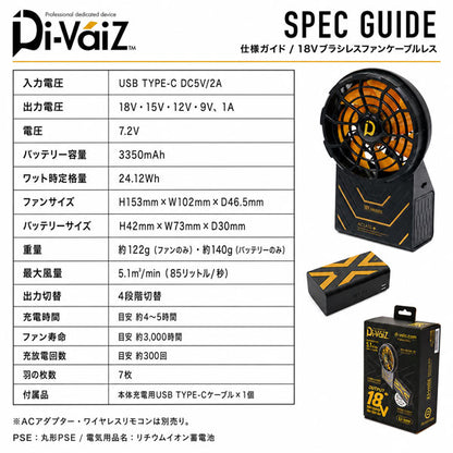 Di-VáiZ 18Vブラシレスファン ケーブルレス ファンバッテリー一体型 1個入り EFウェア ファン付き作業服 空調作業服 CUC