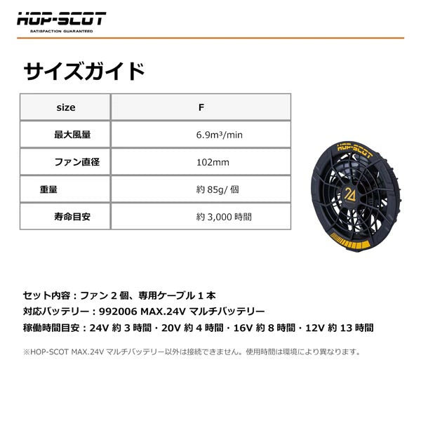 HOP-SCOT MAX.24V フリーアジャストファン 専用ケーブル付き ファンユニット 作業服 ファン付きウェア 空調ウェア 交換用 予備用 春夏 CUC