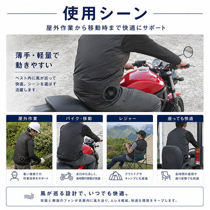ペルチェファンベスト 冷却ベスト 空調ウェア メンズ 夏 作業服 ペルチェ素子 ファン付き バッテリー付き 熱中症対策 軽量 薄型 黒 M/L/XL/XXL outdoor 商品画像7