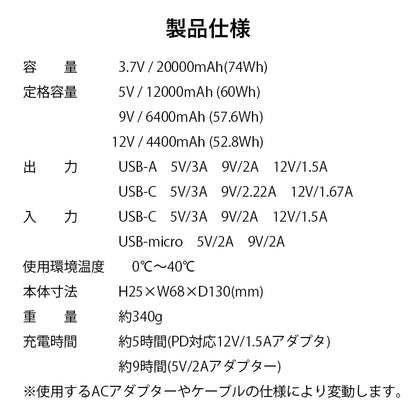 モバイルバッテリー 20000mAh／大容量・3ポート出力・定格12000mAh相当・USB-A & USB-C対応・軽量設計 outdoor
